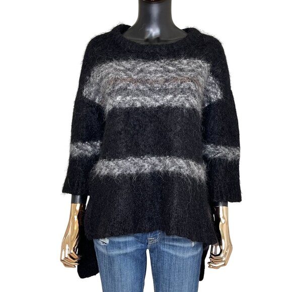 Free People Fuzzy Mohair Wool Blend Sweater XS/S Black Gray Striped High Low Hem - Picture 2 of 8